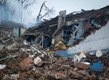 Aftermath of the Russian guided bomb strike that hit a store in the Velyka Pysarivka community, where two civilians were killed and several others were injured.