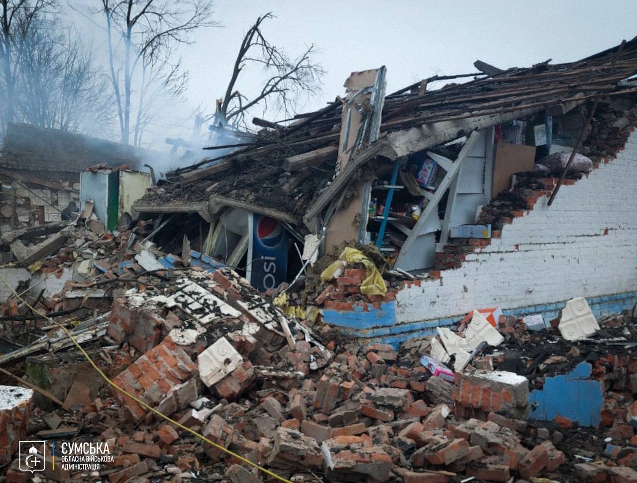 Aftermath of the Russian guided bomb strike that hit a store in the Velyka Pysarivka community, where two civilians were killed and several others were injured.