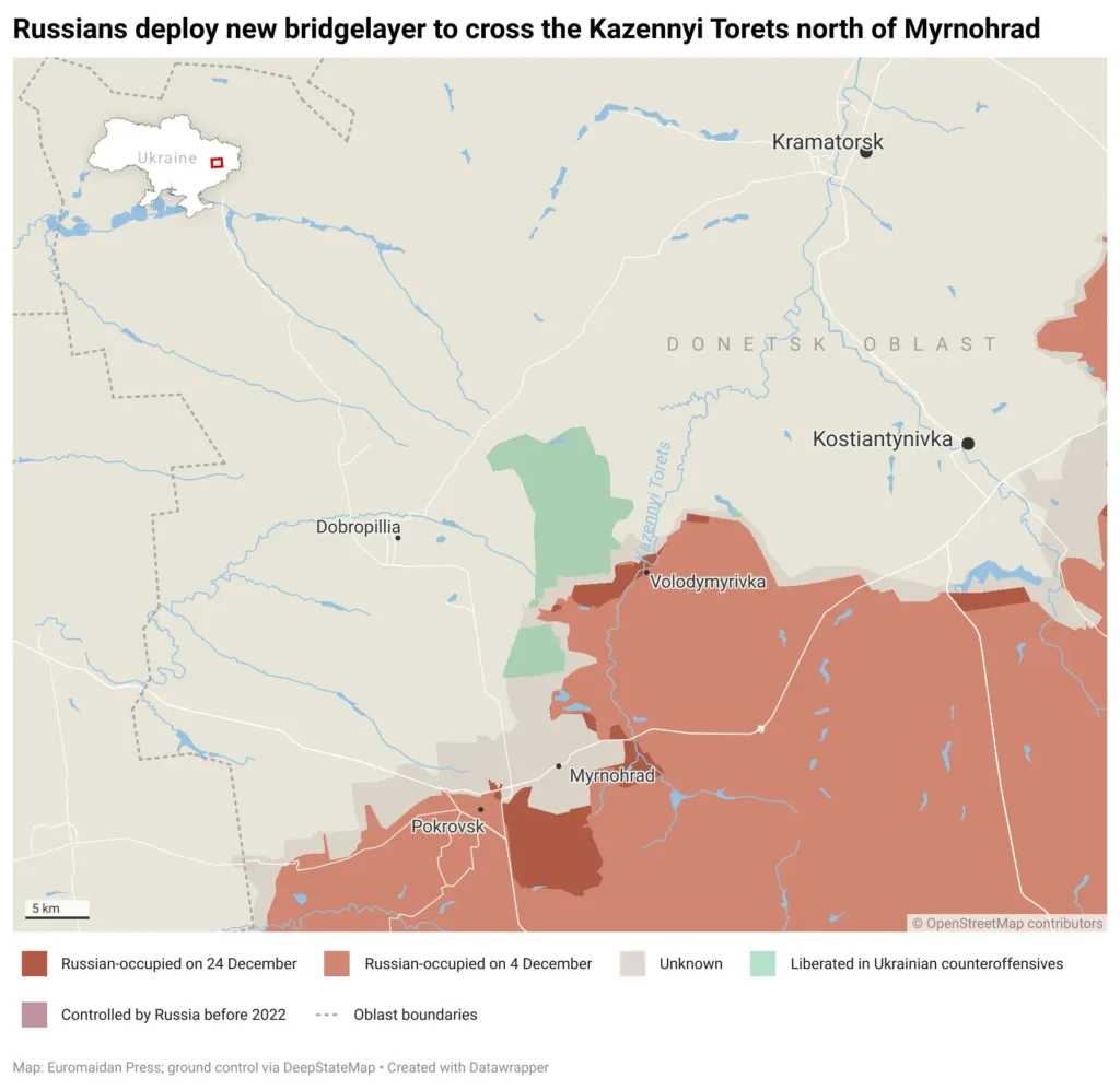 Map showing Russian positions around Myrnohrad and Kazennyi Torets River in Donetsk Oblast