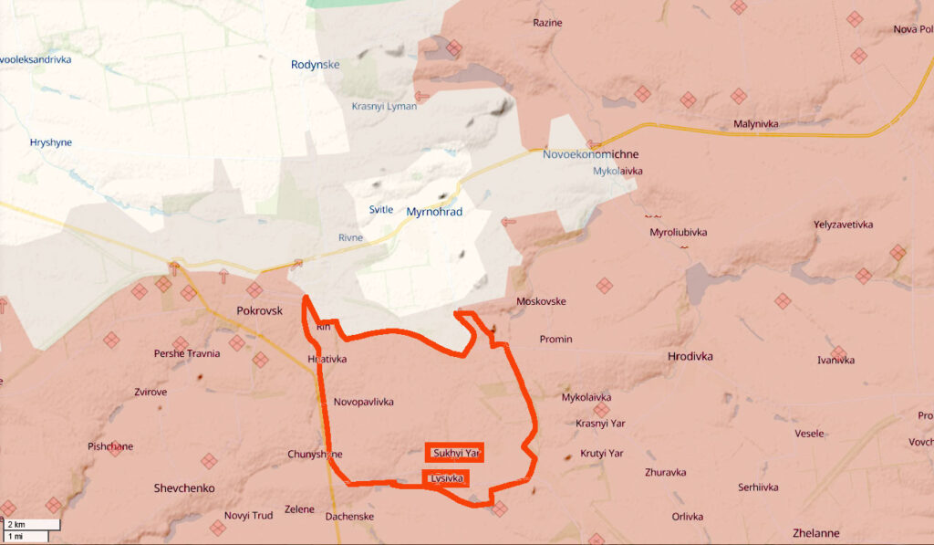 ukrainian forces retreat salient south pokrovsk avoid encirclement · post changes deepstate following official announcement withdrawal red outline marks area including sukhyi yar lysiivka now occupied russian sukhuy-yar-lysivka-pokrovsk withdrew part