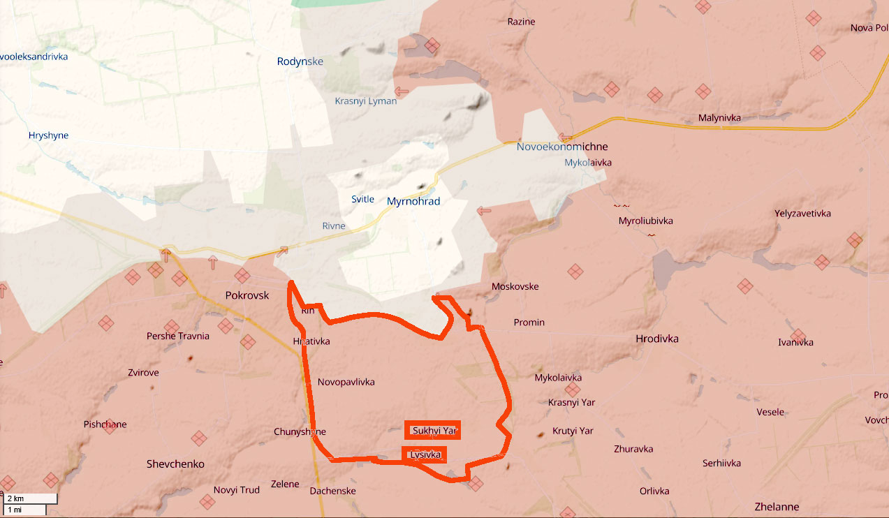 ukrainian forces retreat salient south pokrovsk avoid encirclement · post changes deepstate following official announcement withdrawal red outline marks area including sukhyi yar lysiivka now occupied russian sukhuy-yar-lysivka-pokrovsk withdrew part
