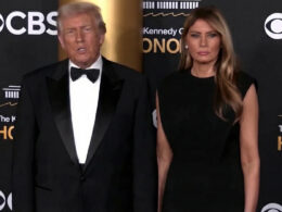 Donald Trump in a tuxedo speaks to reporters at the Kennedy Center Honors, expressing his disappointment with Zelenskyy