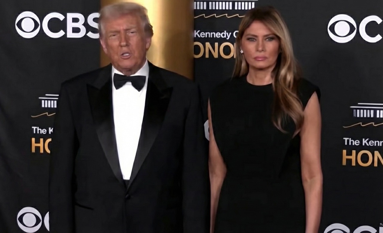 Donald Trump in a tuxedo speaks to reporters at the Kennedy Center Honors, expressing his disappointment with Zelenskyy
