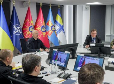 Ukrainian Defense Minister Denys Shmyhal speaks at the 32nd Ramstein-format meeting on Ukraine military aid, December 2025