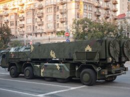 Ukrainian Sapsan ballistic missile transporter erector launcher in olive camouflage during Kyiv parade, the system Zelenskyy confirmed is now in combat use against Russia