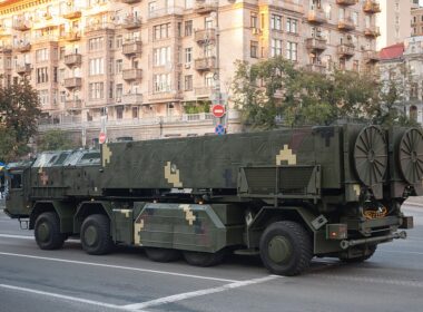 Ukrainian Sapsan ballistic missile transporter erector launcher in olive camouflage during Kyiv parade, the system Zelenskyy confirmed is now in combat use against Russia
