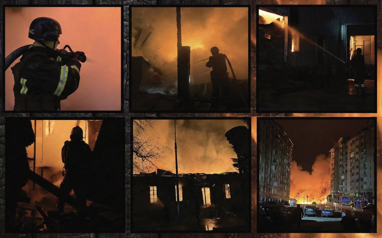 Ukrainian firefighters battle blazes caused by Russia's drone and missile attack overnight into 6 December 2025. The barrage of 704 aerial weapons struck energy facilities, residential buildings, and infrastructure across ten oblasts