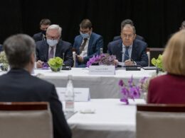 Russian Deputy Foreign Minister Sergey Ryabkov and Foreign Minister Sergey Lavrov at diplomatic talks in Geneva