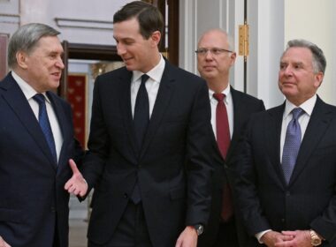 Kremlin aide Yuri Ushakov, Jared Kushner, Russian envoy Kirill Dmitriev, and US envoy Steve Witkoff at diplomatic meeting