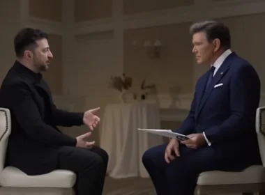 Zelenskyy gestures while explaining the 90% complete peace deal to Fox News anchor Bret Baier after Mar-a-Lago summit