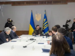 Ukrainian President Volodymyr Zelenskyy addresses journalists in Kyiv about Donbas buffer zone proposals in peace talks