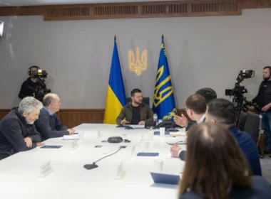 Ukrainian President Volodymyr Zelenskyy addresses journalists in Kyiv about Donbas buffer zone proposals in peace talks