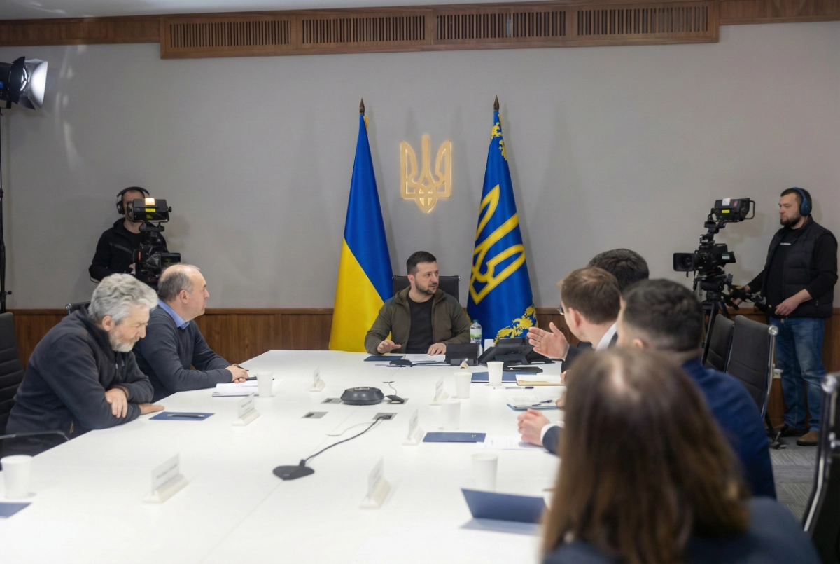 Ukrainian President Volodymyr Zelenskyy addresses journalists in Kyiv about Donbas buffer zone proposals in peace talks