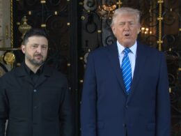 trump still claims putin “serious about peace” downplays russian strikes · post ukrainian president volodymyr zelenskyy (left) donald give comments press mar-a-lago florida 28 2025 (right) giving ukraine news reports