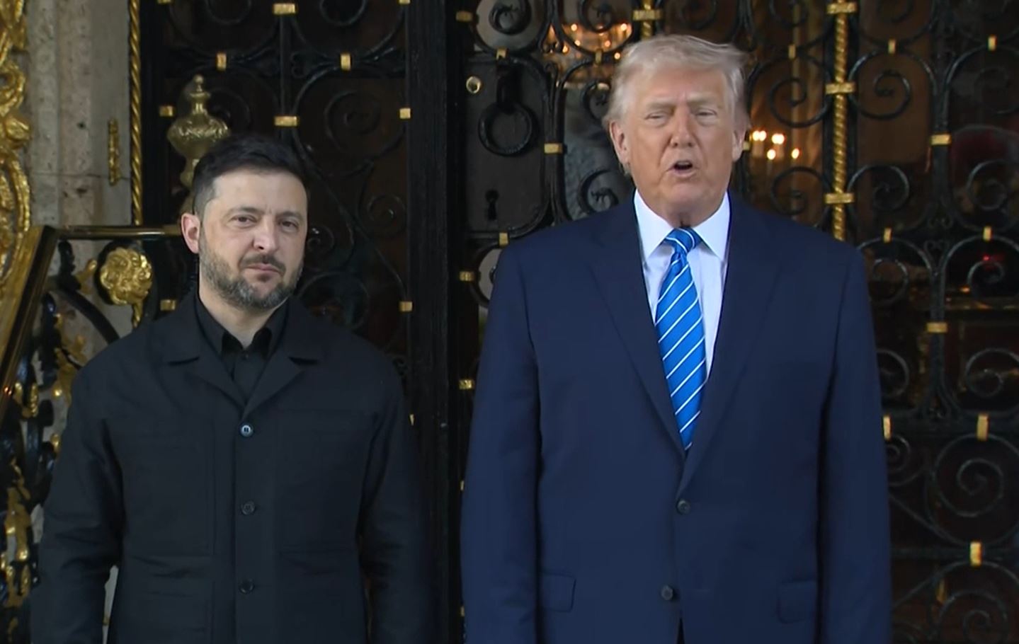 trump still claims putin “serious about peace” downplays russian strikes · post ukrainian president volodymyr zelenskyy (left) donald give comments press mar-a-lago florida 28 2025 (right) giving ukraine news reports