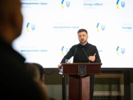 Ukrainian President Volodymyr Zelenskyy speaks at a press conference about referendum requirements for peace plan provisions