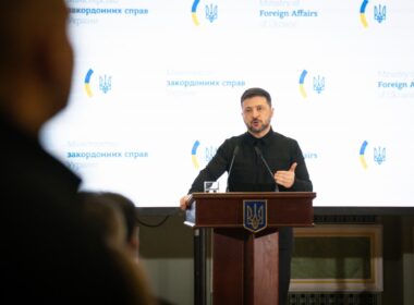 Ukrainian President Volodymyr Zelenskyy speaks at a press conference about referendum requirements for peace plan provisions