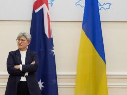 Australia Australian Foreign Minister Penny Wong, in front of Australian and Ukrainian flags. Photo: Penny Wong on Instagram