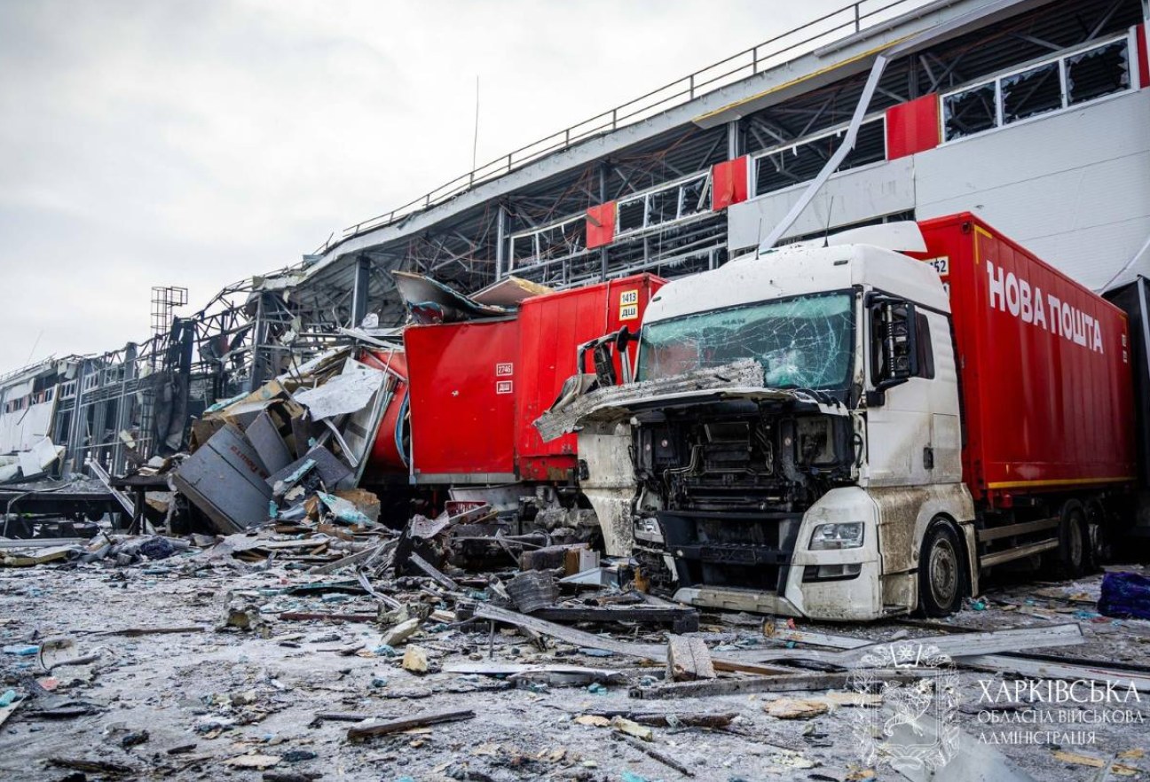 Damage at the Nova Poshta terminal in Novi Korotych near Kharkiv following the 13 January Russian strike. Photo: UAnimals