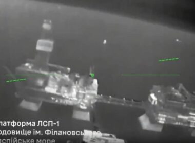 ukraine hits russian oil platforms again — time three once all 950+km frontline caspian sea (video map) · post offshore platform filanovsky field during ukrainian deep strike 11 2026 capture