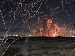 Flames at Nevinnomyssk Azot chemical plant in Russia’s Stavropol Krai following a Ukrainian drone attack on 14 January 2026. Photo: Supernova+