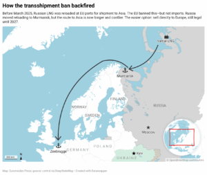 map explaining why the eu transshipment ban for russian lng is not working properly.