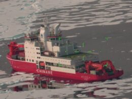 Chinese research icebreaker Xue Long 2 operating on the U.S. Extended Continental Shelf in the Arctic, monitored by U.S. Coast Guard aircraft, July 2025.