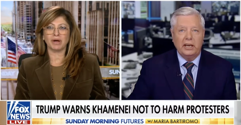 Split screen of Fox News Sunday Morning Futures showing host Maria Bartiromo and Senator Lindsey Graham discussing Iran, with chyron reading "Trump warns Khamenei not to harm protesters"