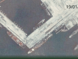 Satellite image showing the Russian Kilo-class submarine B-271 Kolpino at Novorossiysk on 19 January, which has remained unmoved for over a month following a December 2025 Ukrainian naval drone strike. Image: Mark Krutov on X