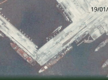 Satellite image showing the Russian Kilo-class submarine B-271 Kolpino at Novorossiysk on 19 January, which has remained unmoved for over a month following a December 2025 Ukrainian naval drone strike. Image: Mark Krutov on X