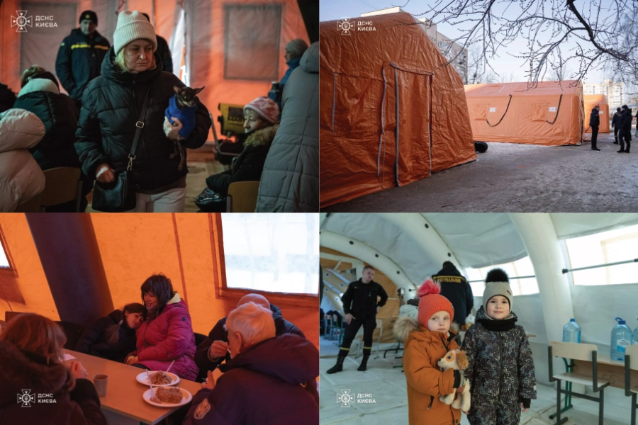 Collage of four photos showing Kyiv residents at State Emergency Service heated tents: a woman holding a cat, orange tents in snow, families eating hot meals, and children inside warming point