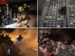 Collage of four images from Kyiv's emergency response to Russia's overnight attack: rescuers treating a casualty in the snow, a high-rise apartment building with fire damage on upper floors, firefighters battling flames at night, and missile debris scattered in snow. Photos by DSNS Kyiv.