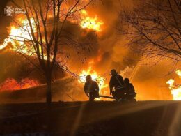 Emergency workers responding to a blaze following a Russian attack in Volyn Oblast, Ukraine. Photo: DSNS Volyn