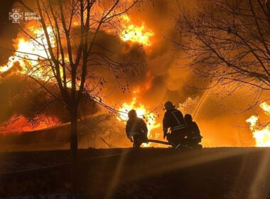 Emergency workers responding to a blaze following a Russian attack in Volyn Oblast, Ukraine. Photo: DSNS Volyn