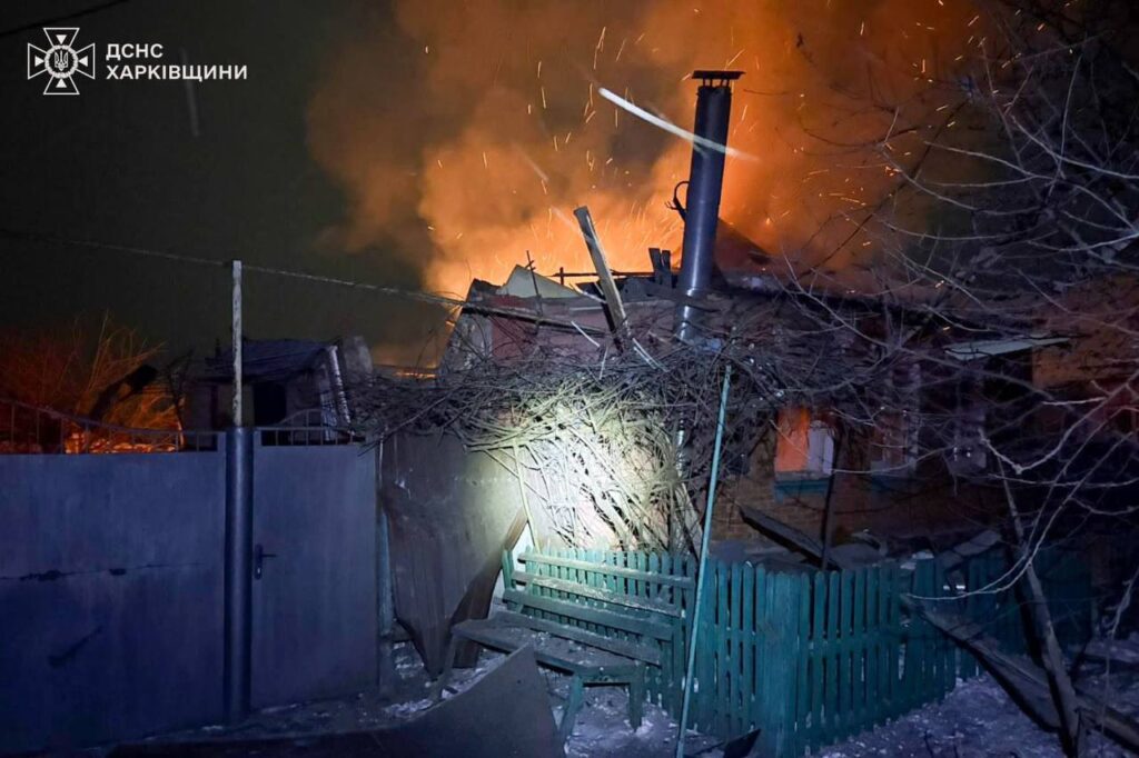 Emergency workers responding to a blaze following a Russian attack in Kharkiv Oblast, Ukraine. Photo: DSNS Kharkiv