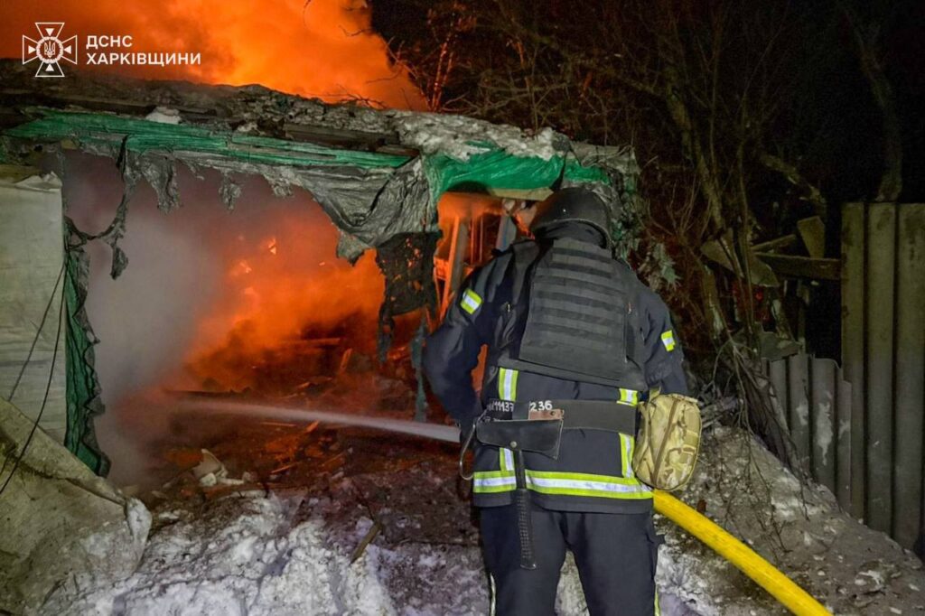 Emergency workers responding to a blaze following a Russian attack in Kharkiv Oblast, Ukraine. Photo: DSNS Kharkiv