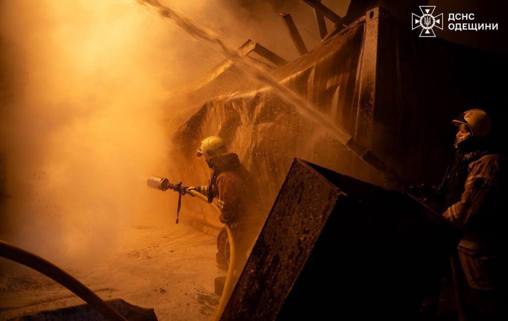 Emergency workers responding to a blaze following a Russian attack in Odesa Oblast, Ukraine. Photo: DSNS Odesa