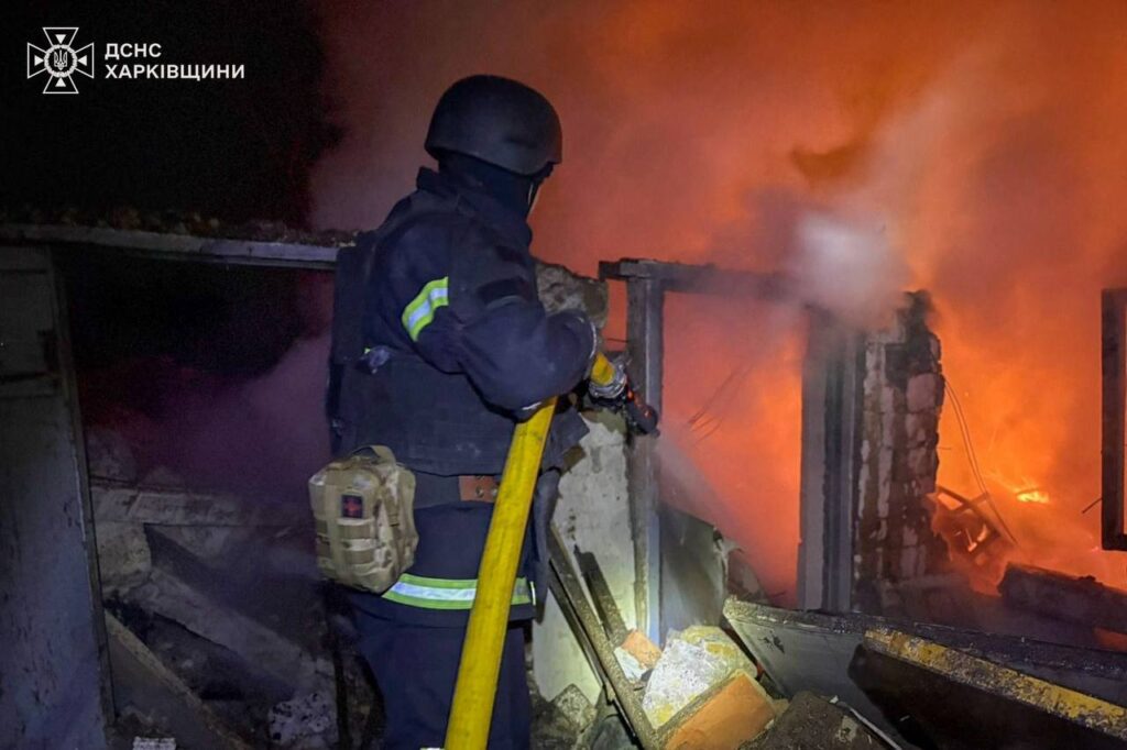 Emergency workers responding to a blaze following a Russian attack in Kharkiv Oblast, Ukraine. Photo: DSNS Kharkiv