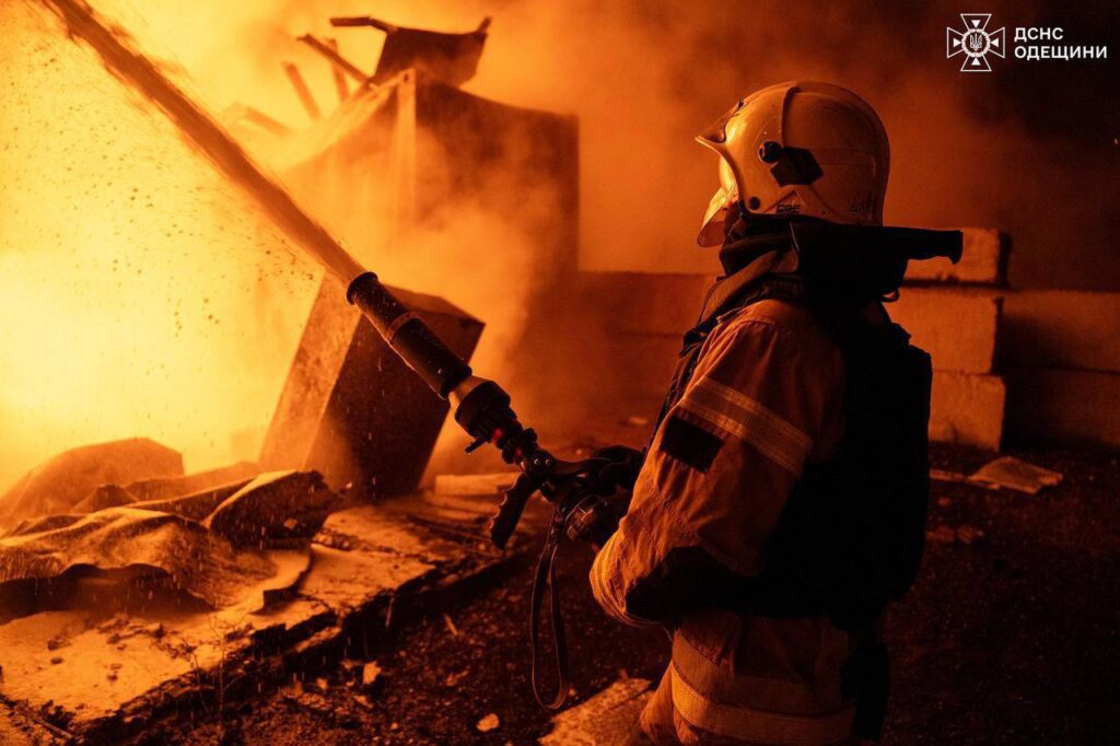 Emergency workers responding to a blaze following a Russian attack in Odesa Oblast, Ukraine. Photo: DSNS Odesa