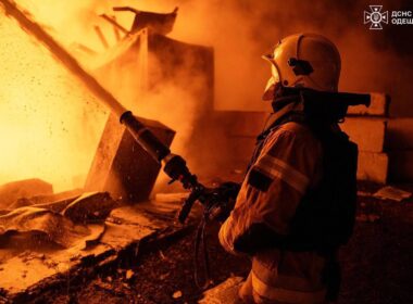 Emergency workers responding to a blaze following a Russian attack in Odesa Oblast, Ukraine. Photo: DSNS Odesa