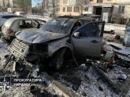 Car damaged in an explosion in Kyiv on January 4, which authorities are investigating as a suspected terrorist attack. Photo: Kyiv City Prosecutor’s Office