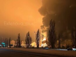 Oil depot ablaze in Stary Oskol, Russia's Belgorod Oblast, after reported drone strike on 6 January 2026. Photo: Exilenova+