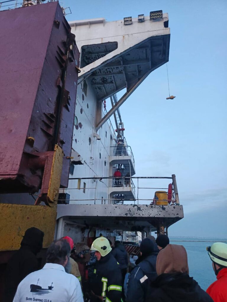 Damage to a civilian cargo vessel after Russian strikes near the ports of Odesa and Chornomorsk on 9 January 2026. Photo: Oleksii Kuleba