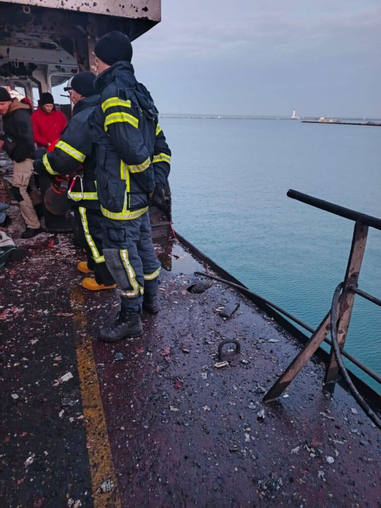 Damage to a civilian cargo vessel after Russian strikes near the ports of Odesa and Chornomorsk on 9 January 2026. Photo: Oleksii Kuleba