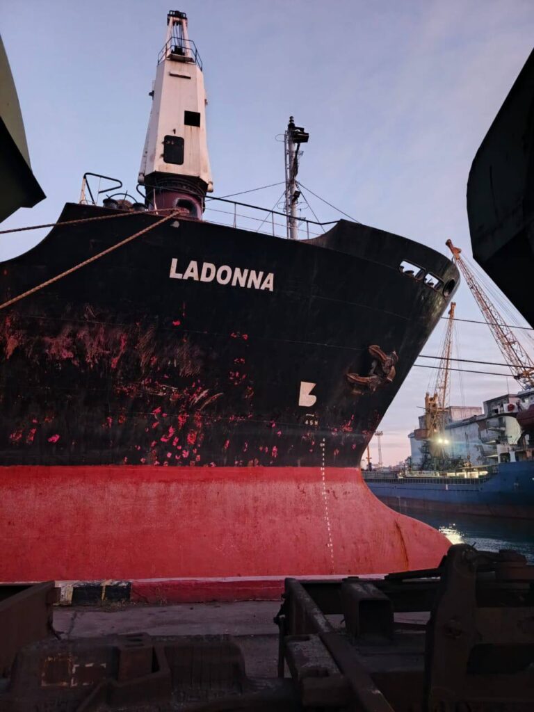 Damage to a civilian cargo vessel after Russian strikes near the ports of Odesa and Chornomorsk on 9 January 2026. Photo: Oleksii Kuleba