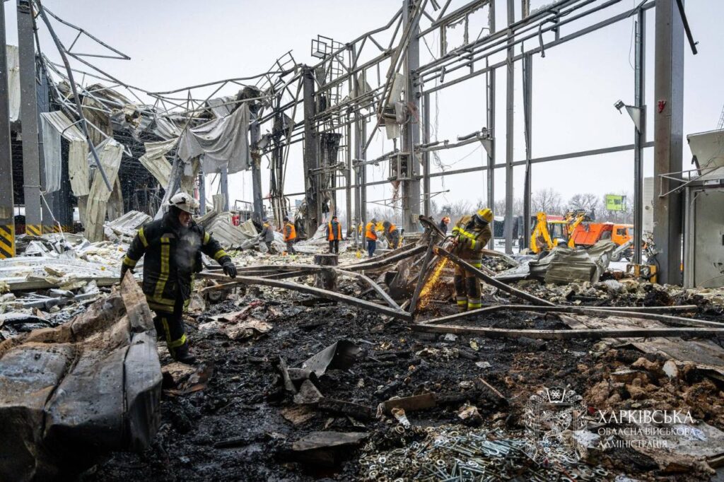 Damage at the Nova Poshta terminal in Novi Korotych near Kharkiv following the 13 January Russian strike. Photo: Kharkiv Regional Military Administration