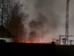 Fire at an electrical substation in Bryansk, reportedly targeted by the Ukrainian partisan group ATESH to disrupt Russian military logistics. Photo: ATESH