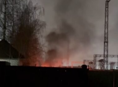 Fire at an electrical substation in Bryansk, reportedly targeted by the Ukrainian partisan group ATESH to disrupt Russian military logistics. Photo: ATESH
