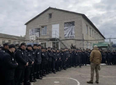 Yevgeny Prigozhin stands before rows of inmates in black uniforms at a Russian prison yard, recruiting them for Wagner Group to fight in Ukraine