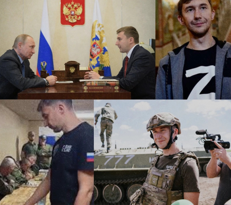 Collage showing Ukrainian-born Russian grandmaster Sergey Karjakin meeting with Putin, posing with Russian soldiers, and wearing clothing with the "Z" war symbol